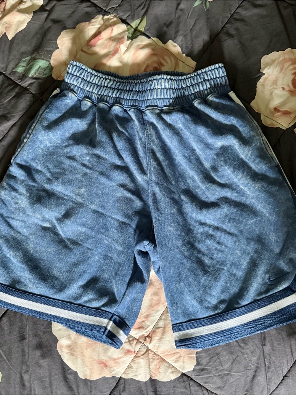Nike Youth Stone-Washed Blue Athletic Shorts with Stripe Hem